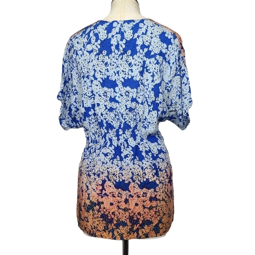 Cabi Ombre Floral Blue White Orange Cinched Waist Tie Blouse S #891 - Picture 6 of 10